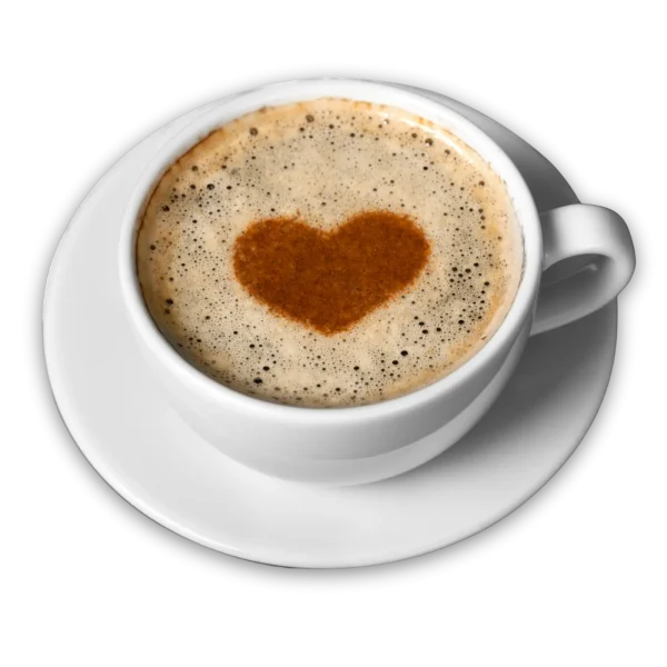 Kaffee in weißer Tasse mit Herz aus Kakaopulver