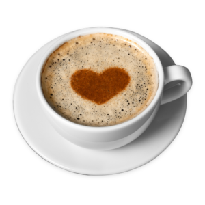 Kaffee in weißer Tasse mit Herz aus Kakaopulver