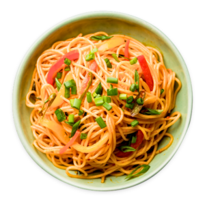 Bami Pad บะหมี่ผัด Gebratene Eiernudeln, Fleisch, Gemüse, Lauch