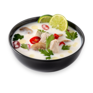 Tom Kha ต้มข่า Hähnchen- oder Garnelensuppe mit Kokosnussmilch, Galangal, Koriander, Champignons